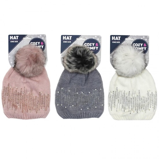 Ladies Cozy Hat with Pearls 3 Assorted LP53919